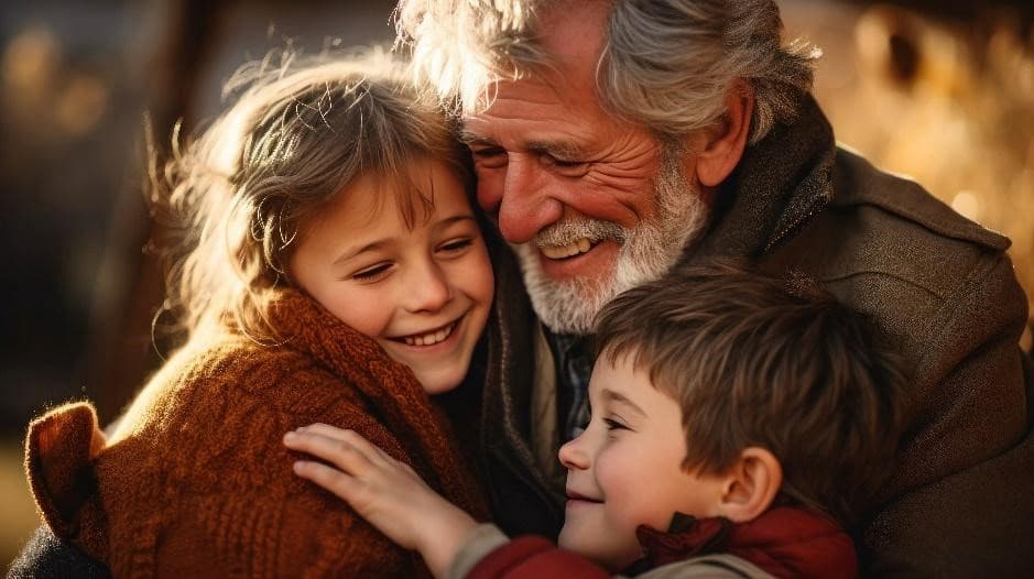 anciano y niños celebrando el día de la familia