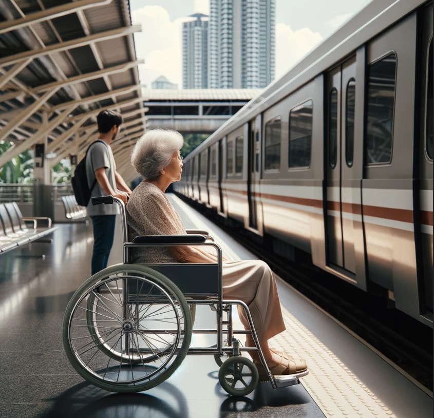 anciana en silla de ruedas en estación de tren